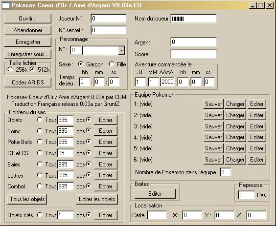 Pokesav Coeur d'Or - Ame d'Argent 0.03a, écran principal