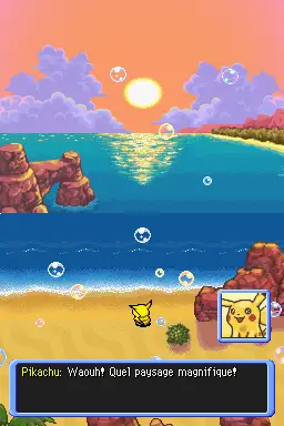 Pikachu contemple le panorama sur la plage.