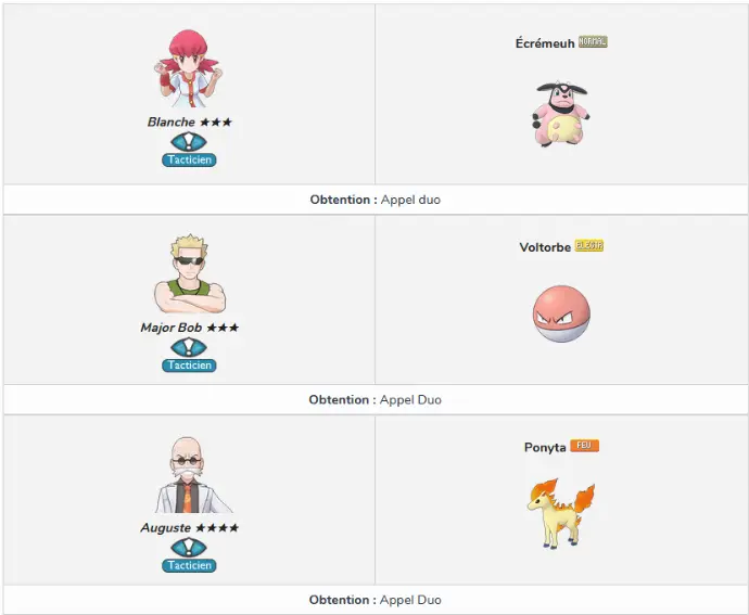 Liste des duos dans le jeu mobile Pokémon Masters