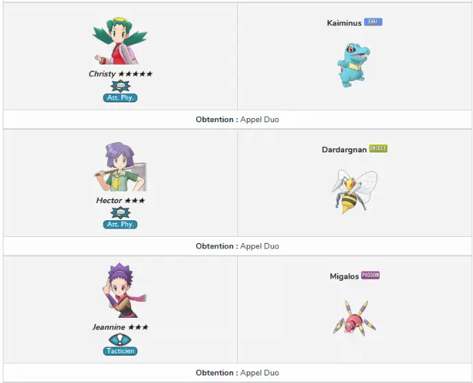 Liste des duos dans le jeu mobile Pokémon Masters