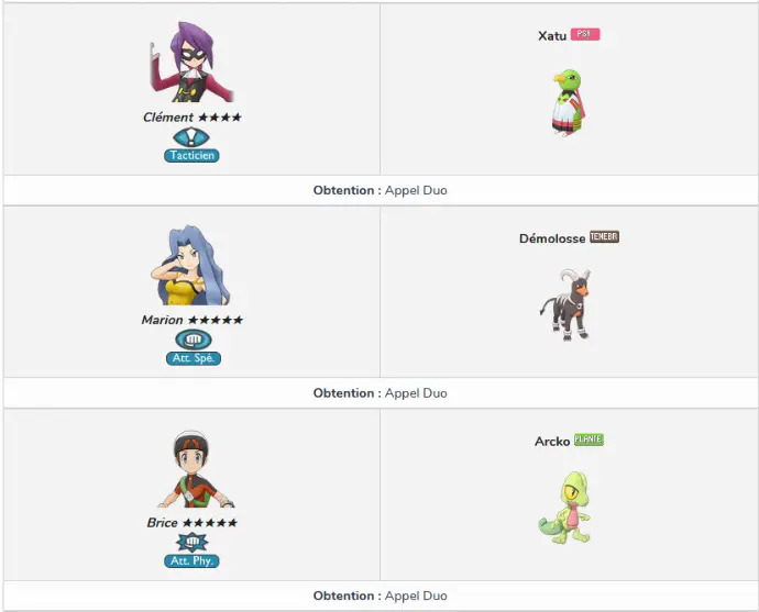 Liste des duos dans le jeu mobile Pokémon Masters