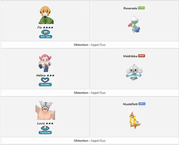 Liste des duos dans le jeu mobile Pokémon Masters