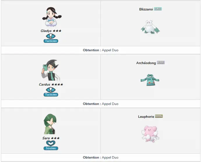 Liste des duos dans le jeu mobile Pokémon Masters