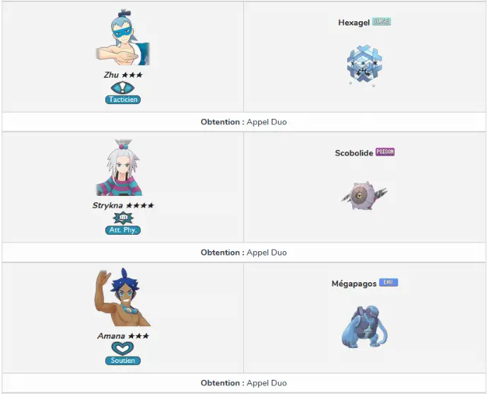 Liste des duos dans le jeu mobile Pokémon Masters