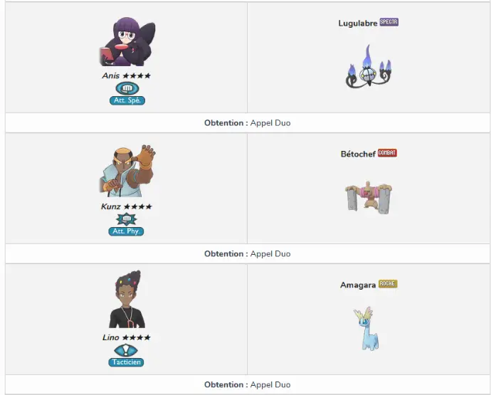 Liste des duos dans le jeu mobile Pokémon Masters