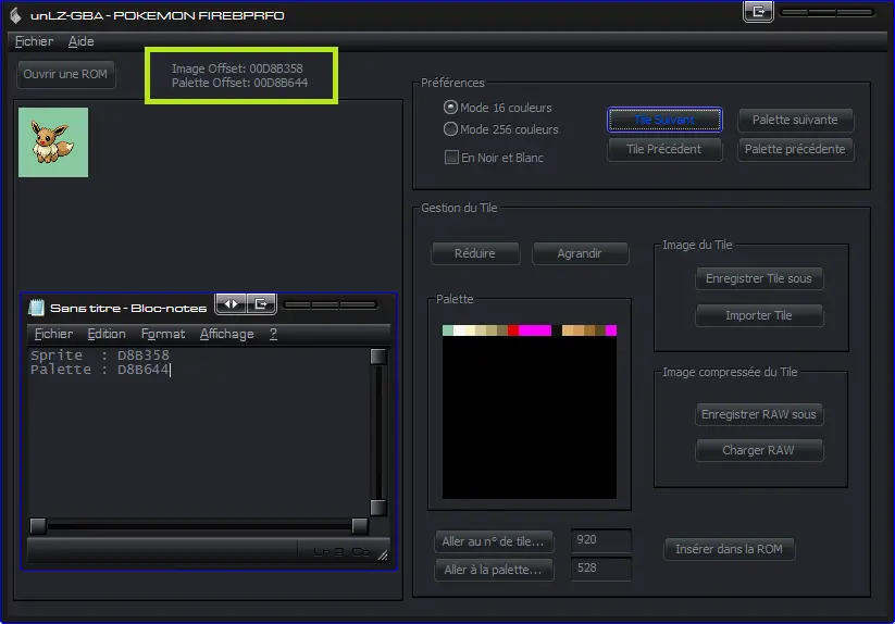 Offsets du sprite et de sa palette dans Unlz-GBA
