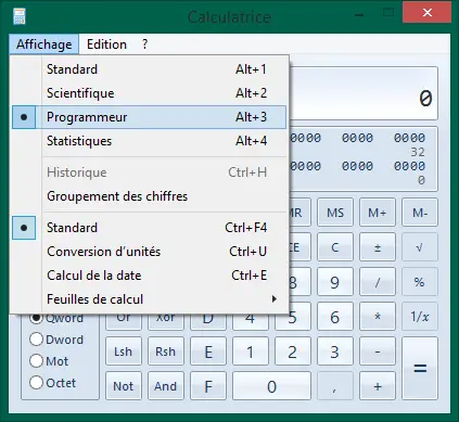 Calculatrice Windows en mode Programmeur