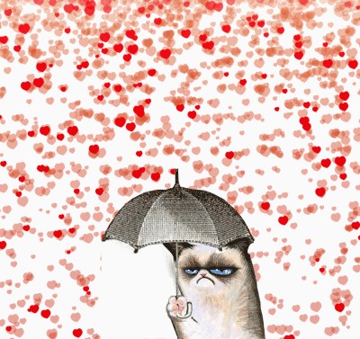 Grumpy cat against hearts