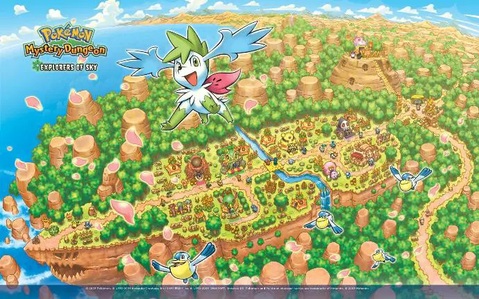 Artwork promotionnel de Pokémon Donjon Mystère Explorateurs du ciel avec Shaymin forme ciel qui survole Bourg-Trésor