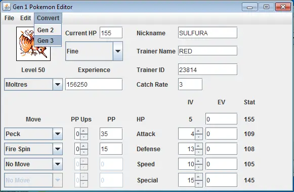 Convertir un Pokémon de la 1G vers la 3G