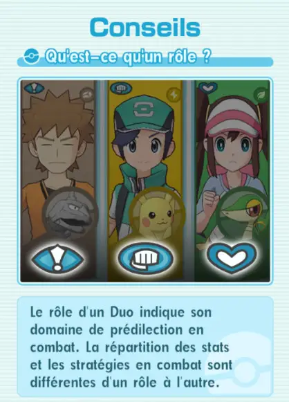 Description des rôles des duos dans le jeu mobile Pokémon Masters