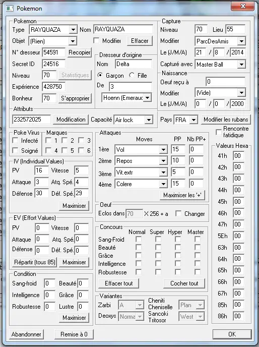 Données de Rayquaza dans un PokeSav 4ème génération