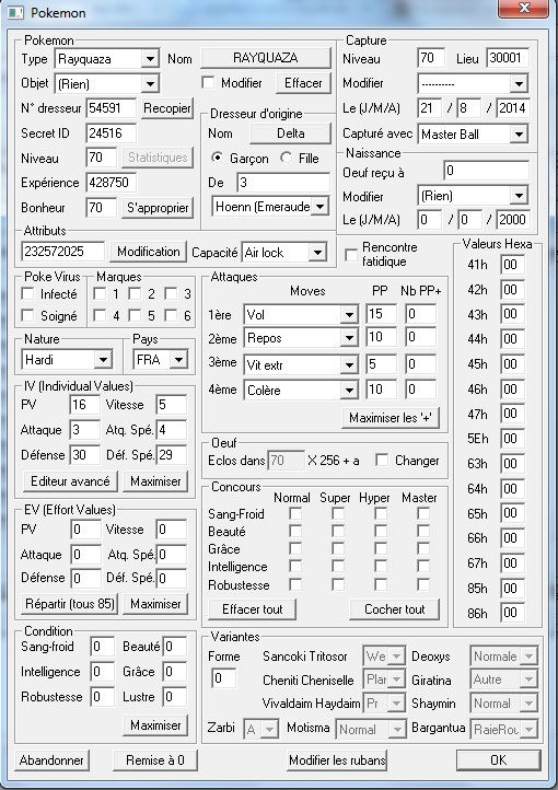 Données de Rayquaza dans PokeSav NB