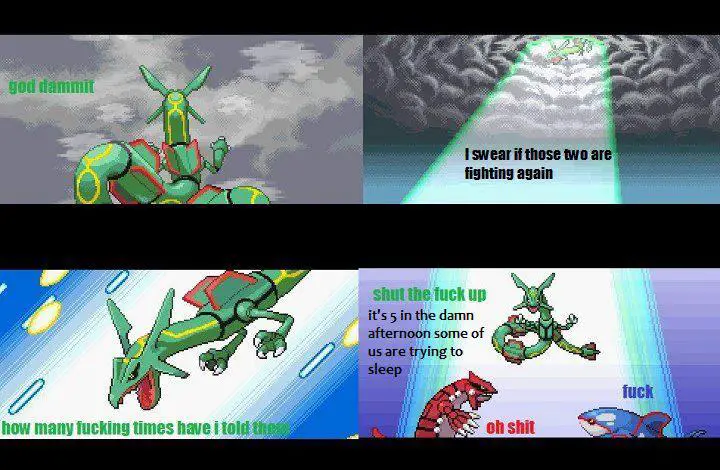 Rayquaza descend calmer Groudon et Kyogre pour finir sa sieste.