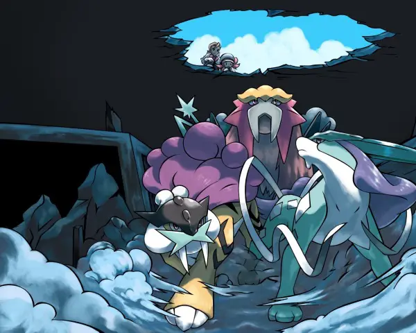 Artwork officiel du trio félin de Or HeartGold et Argent SoulSilver